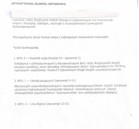 Փաշինյանը քաղաքական բռնшճնշումներ իրականացնելու համար օգտագործել է անհայտ մարդկանց կողմից 1 տարի առաջ պատրաստված, բայց այդպես էլ կյանքի չկոչված ինչ-որ թուղթ. «Սրբազան Պայքար»