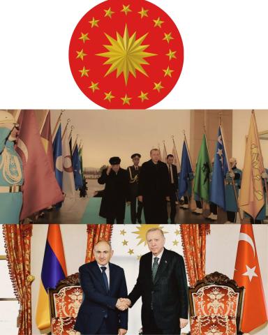 Առաջին լուսանկարում Թուրքիայի Հանրապետության նախագահի զինանշանն է (Türkiye Cumhurbaşkanlığı Forsu)։ Դրա վրայի 16 փոքր աստղերը ներկայացնում են թյուրքական ցեղերի կողմից պատմական տարբեր շրջափուլերում և տարածքներում ստեղծված պետական միավորները։ Դրանց շարքում է, օրինակ, Օսմանյան կայսրության խորհրդանիշը։ Այն նույն պետության, որը ոչ միայն գրավել է նաև այսօրվա Հայաստանի մի մասը, այլև կազմակերպել է Հայոց ցեղասպանությունը, Համիդյան ջարդերը, Ադանայի կոտորածը և այլն։ Այս մասին ֆեյսբուքյան իր էջում գրել է թյուրքագետ Վար