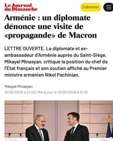 Ֆրանսիական հեղինակավոր «Le Journal du Dimanche» պարբերականը հրապարակել է Սուրբ Աթոռում Հայաստանի նախկին դեսպան Միքայել Մինասյանի բաց նամակը՝ ուղղված Ֆրանսիայի նախագահ Էմանուել Մակրոնին։ Հատկանշական է, որ նամակը պաշտոնապես փոխանցվել է նաև Ելիսեյան պալատ։  Tert.am-ը ներկայացնում է նախագահ Մակրոնին հասցեագրված ուղերձի հայերեն թարգմանությունը, որտեղ Մինասյանը մանրամասն անդրադարձել է արցախահայության խնդիրներին, Եկեղեցու նկատմամբ իրականացվող հալածանքներին ու բռնաճնշումներին։    Դիմելով Ֆրանսիայի նախագահին՝ Միքայե